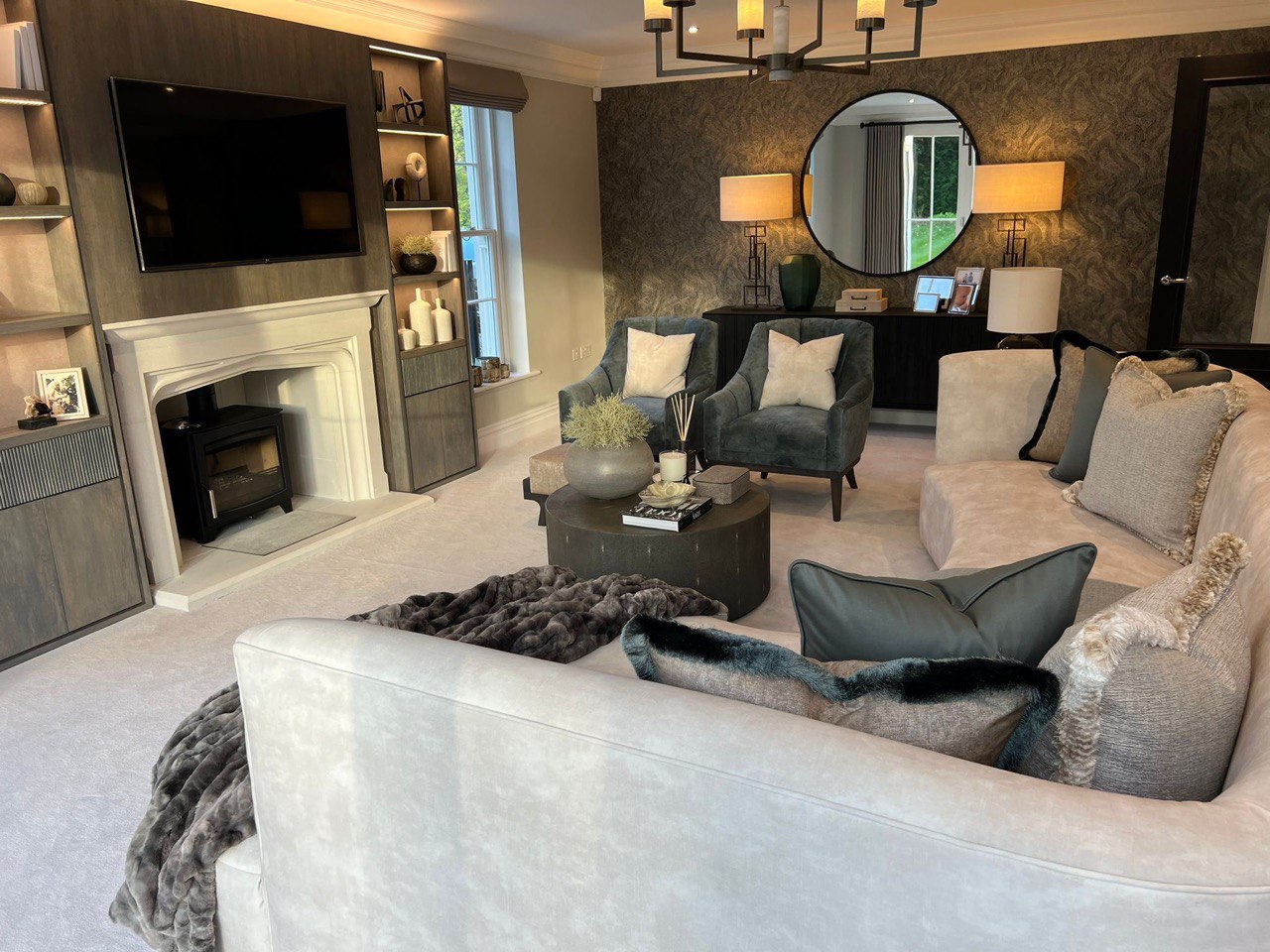 Photorealistic 3D render of a living room